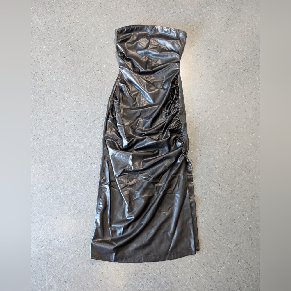 Zara Shiny Black Leather Style Strapless Dress Size Medium